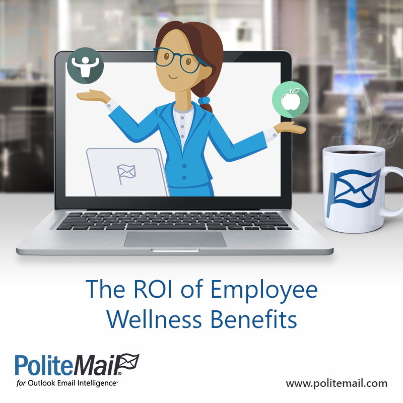 PoliteMail character balances an icon of a healthy employee and an apple