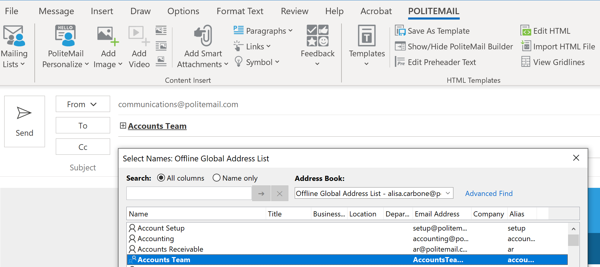 Email Distribution Lists in Outlook Interface