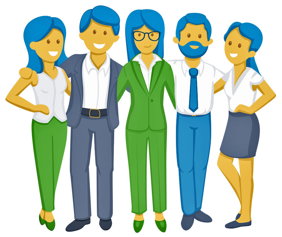 Group of 5 illustrated people representing a communications team