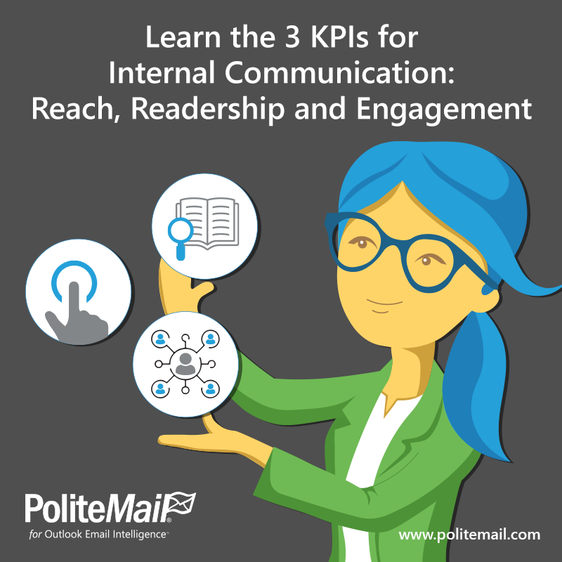 PoliteMail Paige holding 3 icons representing Reach, Readership and Engagement