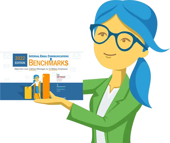 PoliteMail Paige holding the 2022 internal Communications Benchmark Report