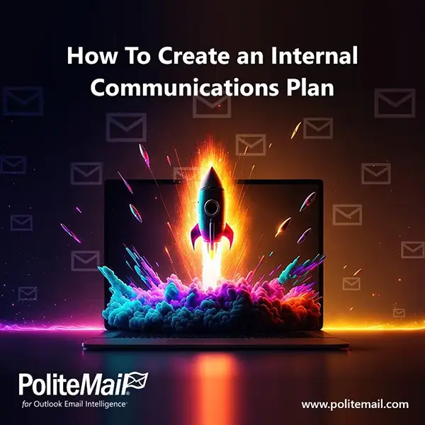 A rocket ship takes off from a computer, representing launching an internal communications program.
