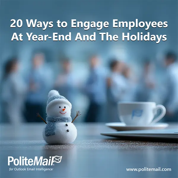 An image with office workers blurred in the background with a snowman toy and coffee cup on desk in foreground.