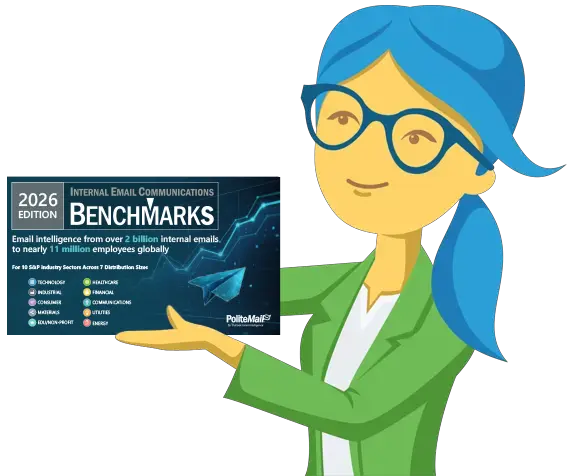 An illustration of PoliteMail Paige holding a copy of the 2026 Internal Email Communication Benchmarks report.